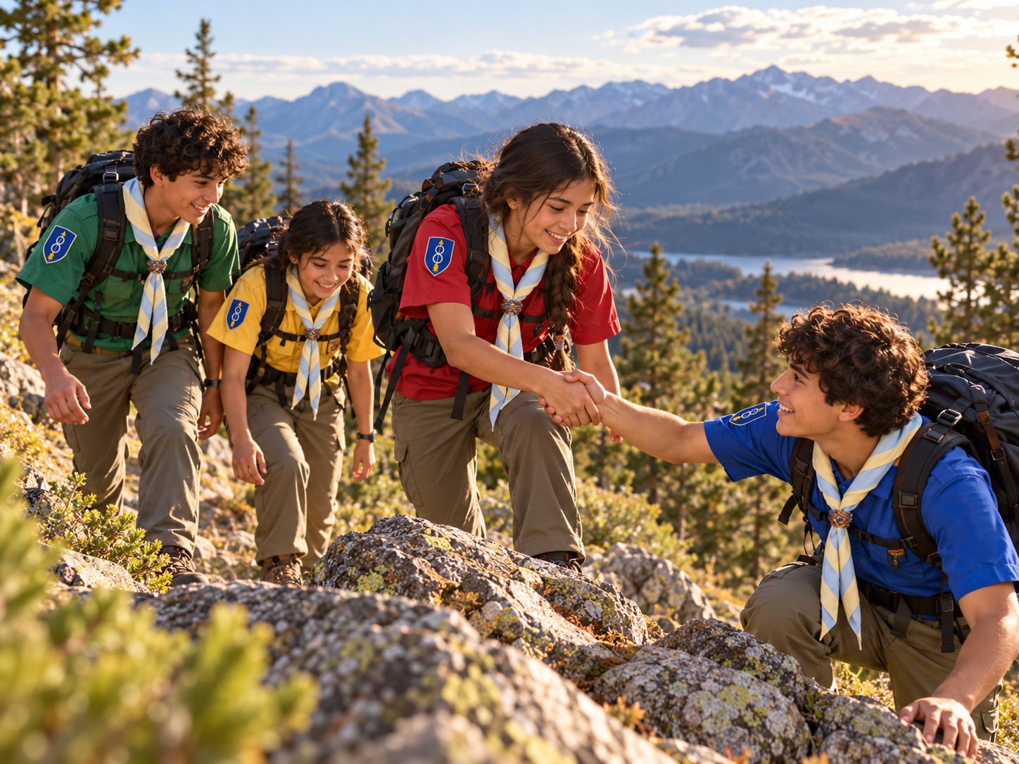Scouts ayudándose durante un reto en la montaña
